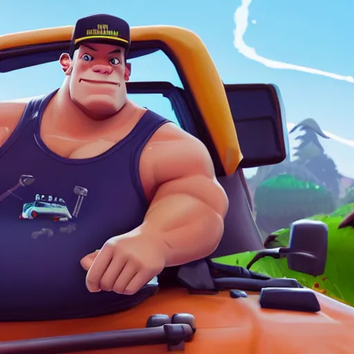 Prompt: fat john cena driving a car with really big tires, super big tires, fortnite screenshot. 8k, 4k. Chonkers. Chonk.