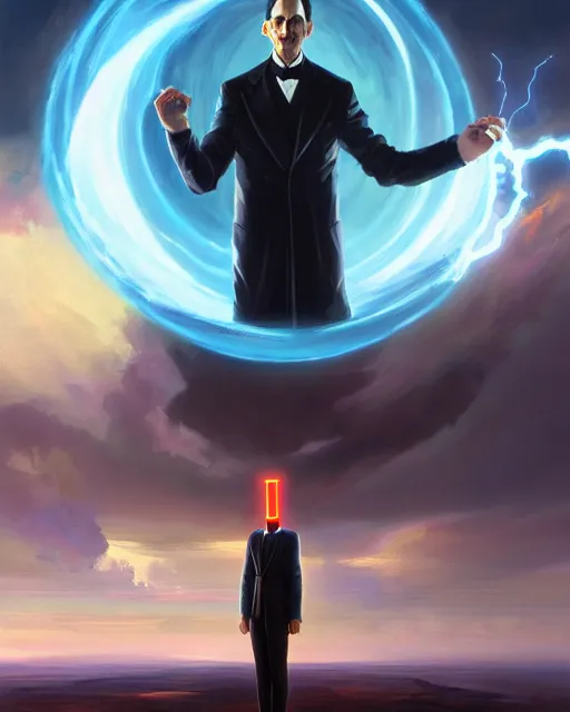 Prompt: an amazing oil painting of Nikola Tesla as a supervillain flying over a vast landscape with electric superpowers by WLOP and Noah Bradley, electrifying the world with his new giant tesla coil doom machine, epic and stunning character design, concept art, trending on artstation, HD, 4k, 8k