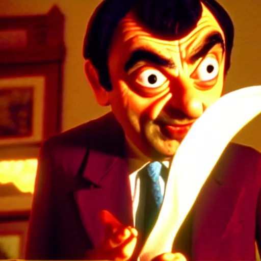 Prompt: mr. bean in tenacious d. movie still. cinematic lighting.