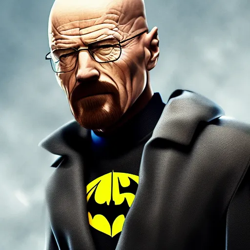 Prompt: Walter White wearing a Batman costume, hyperdetailed, artstation, cgsociety, 8k