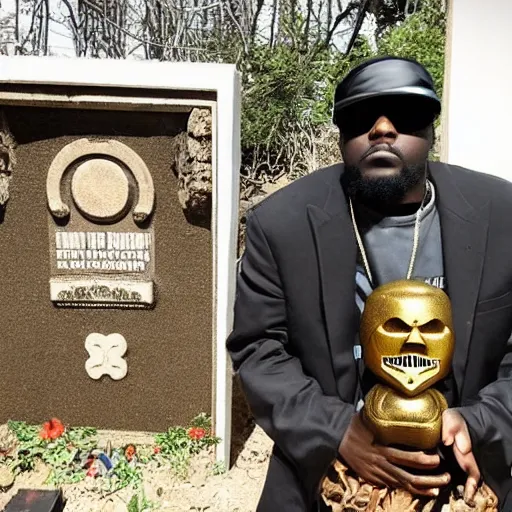 Prompt: rapper MF DOOM standing next to a hollowed out grave and coffin