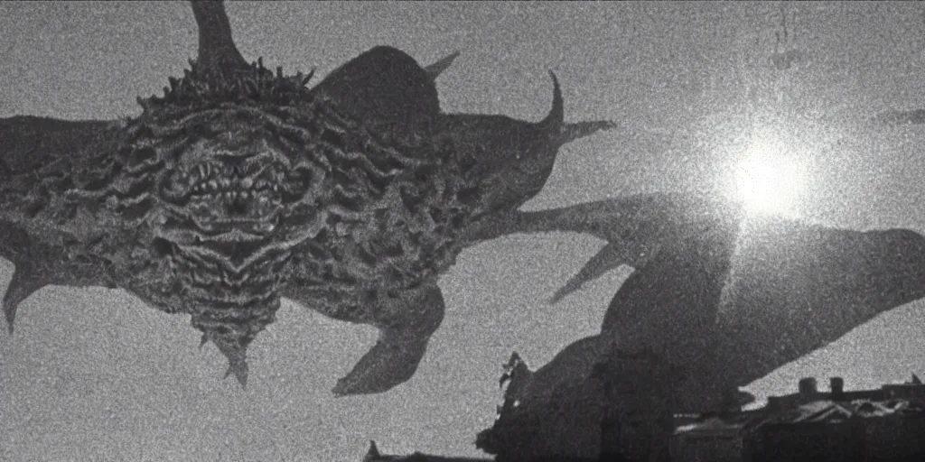 Image similar to light coming out of one bull - like kaiju starfish monster, korean film noir, korean traditional palace, pyongyang city, 1 9 6 0 s, red color bleed, 4 k, video compression, video glitch, monochrome, akira kurosawa, mamoru oshii, wes anderson, stanley kubrick