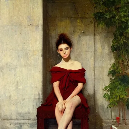 Image similar to painting by frederic edwin church, balaskas christoper, conrad roset, coby whitmore, and chie yoshii. of a beautiful girl sitting on a stool facing away from viewer in bungalow