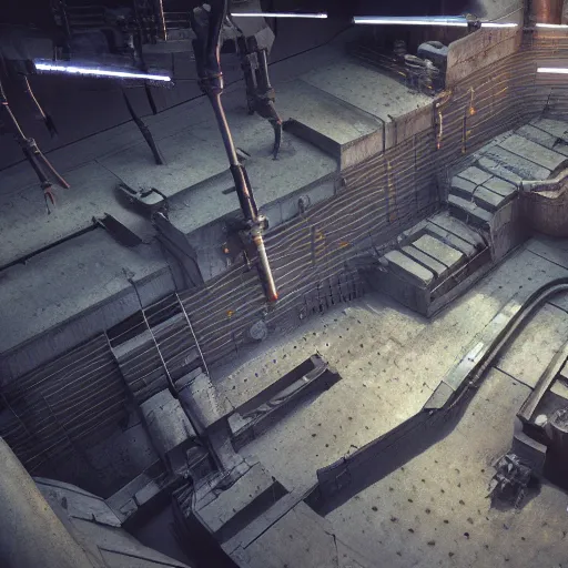 Prompt: 3 d sculpted model of scifi industrial pit by moebius, mass effect, starship troopers, elysium, prometheus, the expanse, high tech industrial, artstation unreal, unity, maya, houdini, dramatic cinematic lighting
