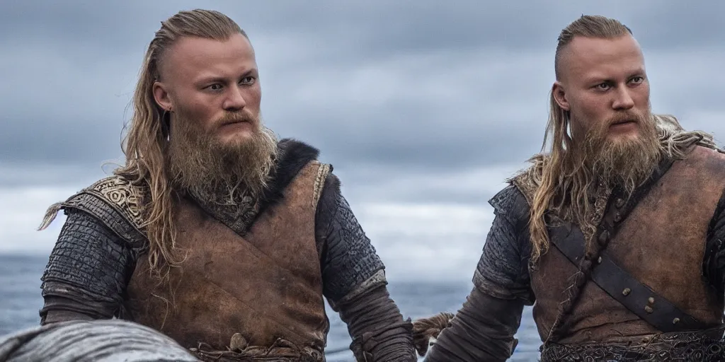 Image similar to ragnar lothbrok in a ship looking for new lands, 8k, ultra realistic