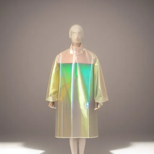 Image similar to an ultra high definition professional studio quality photograph of a transparent iridescent perspex pastel coloured raincoat and head tent on a model in an empty white room. dramatic lighting, ray tracing, refraction, shallow d. o. f, colour corrected, golden ratio, three point light. volumetric shadows. light rays.