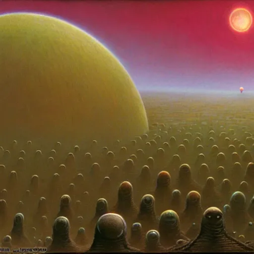 Prompt: alien creatures in a dystopian alien landscape, artstyle Zdzisław Beksiński, very intricate details, high resolution, 4k