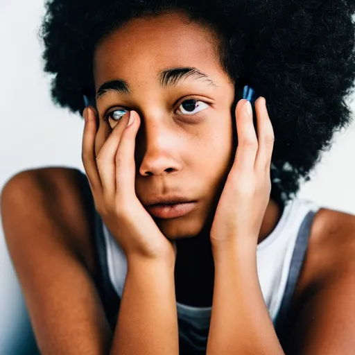 Image similar to multiracial teenager wearing headphones looking bored, natural light, magazine photo, 5 0 mm lens