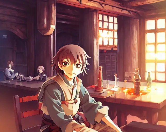 Image similar to anime visual, portrait of a young traveler in a busy fantasy medieval tavern interior, cute face by yoh yoshinari, murata range, last exile, blue submarine no 6, dynamic pose, dynamic perspective, detailed silhouette, anime cels, flat lighting, sharp clean profile, in focus, rounded eyes