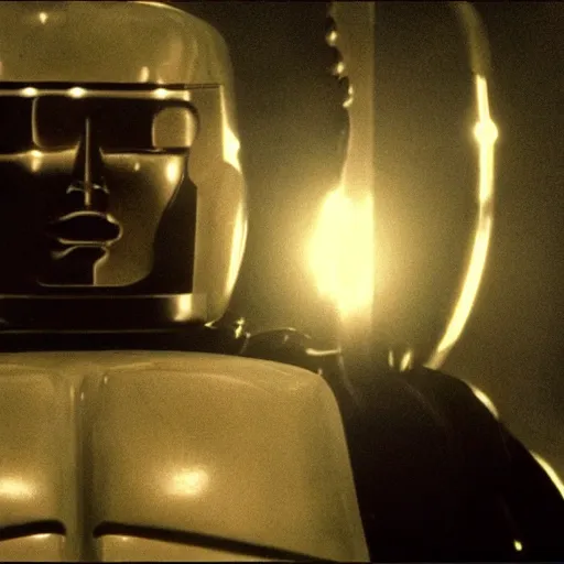 Image similar to movie scene of a man with a robot head, movie still, cinematic composition, cinematic light, criterion collection, reimagined by industrial light and magic, Movie by David Lynch and Ridley Scott and Andrzej Zulawski