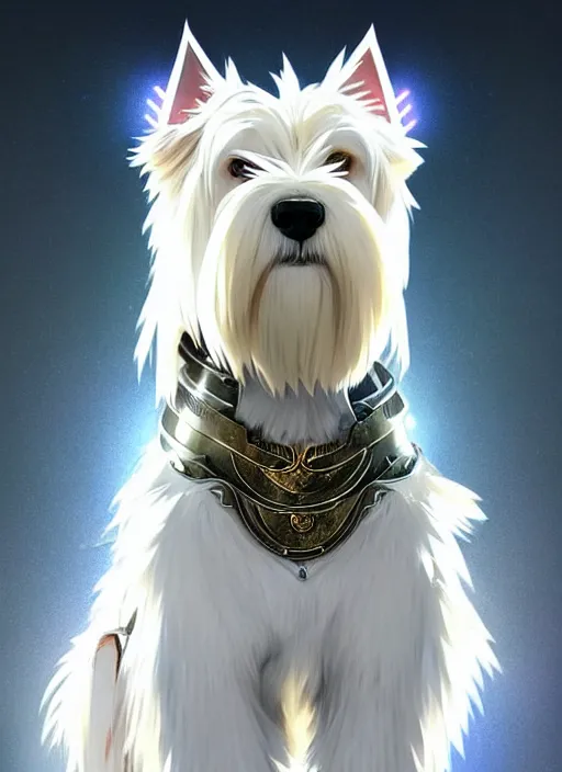 Image similar to a west highland white terrier, anime art style, wearing futuristic, led - lit armor, and a cannon mounted on his back, portrait, high detail, sharp focus, digital painting, artstation, concept art, art by hayao miyazaki and artgerm and greg rutkowski and alphonse mucha.