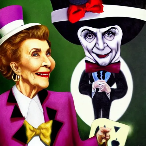 Image similar to nancy reagan dressed as the mad hatter, painted by mark ryden,