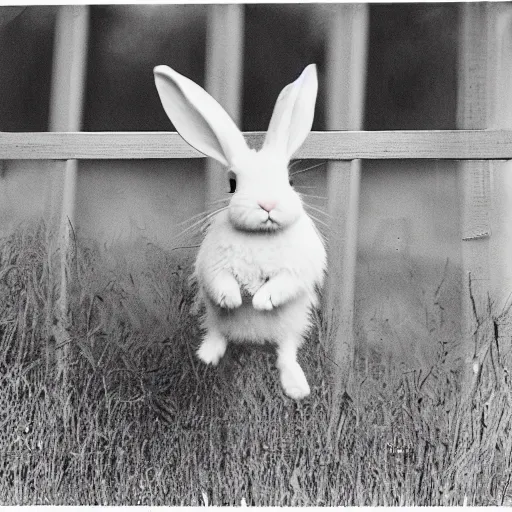 Prompt: a rabbit jumping up over a fence, film strip showing 9 stills