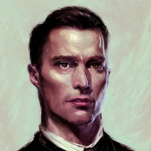 Prompt: Portrait of a man by Greg Rutkowski, he is about 40 years old, mixture between russian and irish, coiffed brown hair, attractive, bright purple eyes, extremely pale white skin, smart looking, he is wearing a black futuristic lawyer outfit, highly detailed portrait, scifi, digital painting, artstation, concept art, smooth, sharp foccus ilustration, Artstation HQ