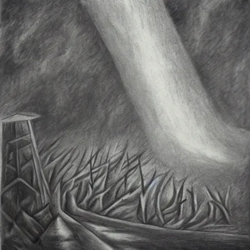 Image similar to surrealism charcoal drawing of the end of the world., horror,