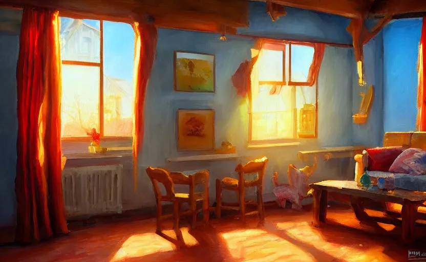 Image similar to happy morning and the rays of the morning sun shining through the window of the village house clear sky, walls made of bacon, warm colors, happy mood, oil painting, high detail, trending on artstation