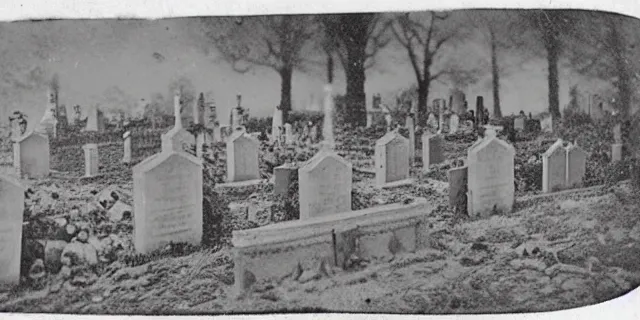 Prompt: an 1 8 0 0 s stereograph depicting a graveyard in stereoscopic 3 d. a faintly visible ghost is lurking.