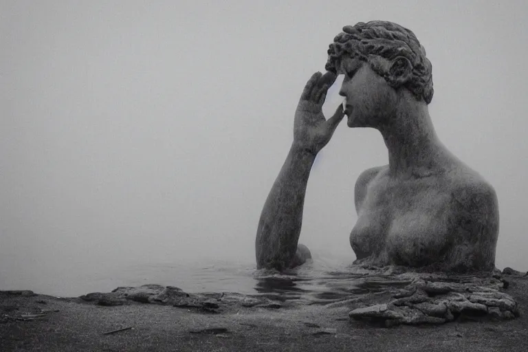 Prompt: Giant statue of a greek goddess, leaning face, only the face emerging from the lake, mist, lomography photo effect, monochrome, noise grain film