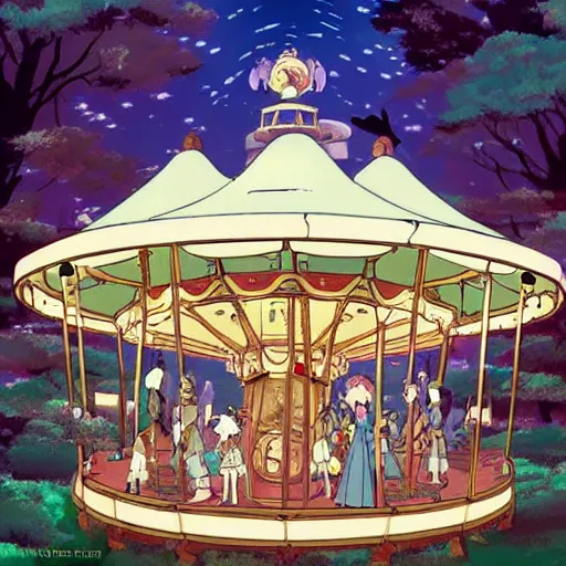 Image similar to a fantasy carousel in the style of studio ghibli, makoto shinkai