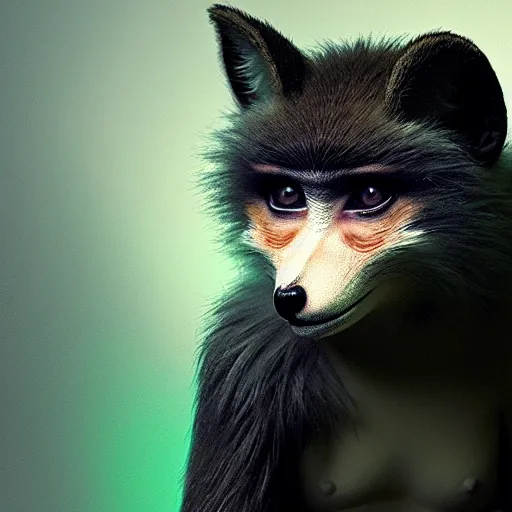 Image similar to fox as a monkey, fluffy white - fur, black - ears, stunning green - eyes, extremely long white - tail with black - tip, award winning creature portrait photography, extremely detailed, artstation, 8 k, sensual lighting, incredible art, wlop, artgerm