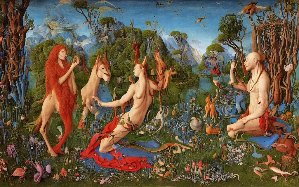 Image similar to a photograph of a meditating centaur shaman and a harpy mermaid feeding animals. surrounded by bulbous flowers, animals and a few trees. river delta with mountains and cliffs under a blue sky full of burning stars and birds. painted by jan van eyck, max ernst, ernst haeckel, ernst fuchs and artgerm. trending on artstation