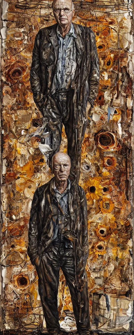 Image similar to a full length portrait of a very ordinary old man with a blank expression, Anselm Kiefer and Lucian Freud and Jenny Saville, oil painting, rust, Scaffolding, rusted metal and sunflowers, iron cladding, decay, mixed media, textured, anatomically correct, beautiful perfect face, visible brushstrokes, sharp focus, Highly Detailed, Cinematic Lighting, 8k, HD