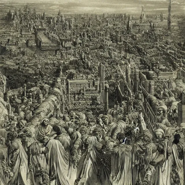 Image similar to artwork by Franklin Booth showing the fall of the city of Babylon