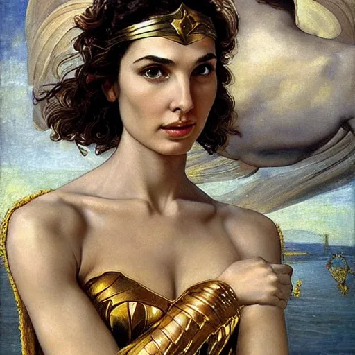 Prompt: Full body oil painting of the beautiful goddess Gal Gadot as Venus, she is wearing roman clothes and a surreal jewelry, her hair is natural disheveled, she is approaching heaven over the clouds, naturalism, dramatic lighting, high-detailed oil painting by Ilya Repin, Michelangelo da Caravaggio, William Blake, Alex Grey and Beksinski, trending on Artsation, hystorical painting, naturalism, masterpiece, 4k, 8k,