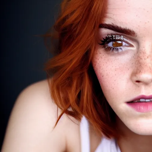 Image similar to close up portrait photo of emma watson, redhead freckles, 8 k, masterpiece, pinup, highly detailed, smooth, sharp focus