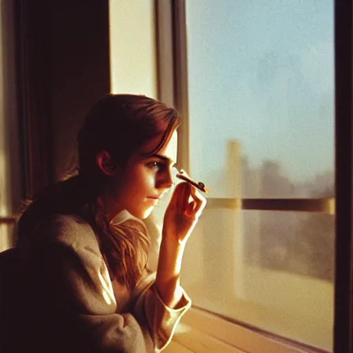 Prompt: Photograph of Emma Watson holding a cigarette by the window. Golden hour, dramatic lighting. Medium shot. CineStill