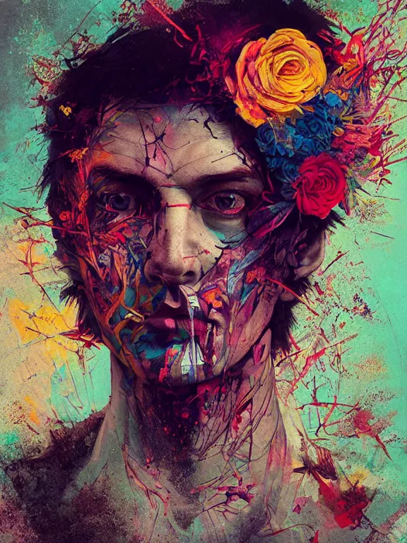 Image similar to art portrait of man with flower in head,by tristan eaton,Stanley Artgermm,Tom Bagshaw,Greg Rutkowski,Carne Griffiths,trending on DeviantArt,face enhance,chillwave,minimalist,cyberpunk,full of colour,