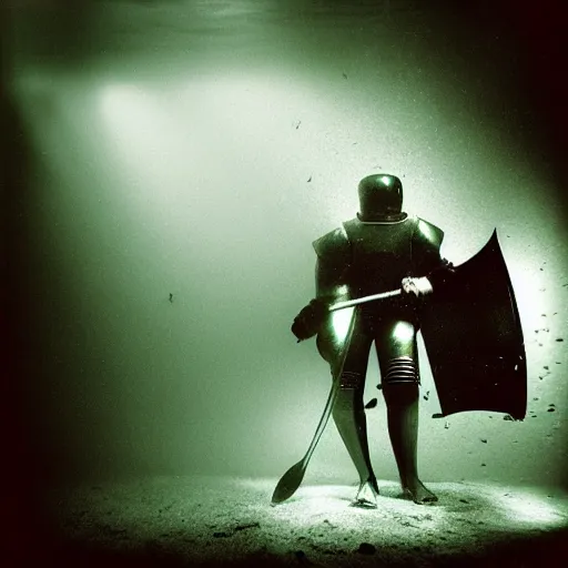 Image similar to Underwater photo of a medieval knight by Trent Parke, clean, detailed, Magnum photos