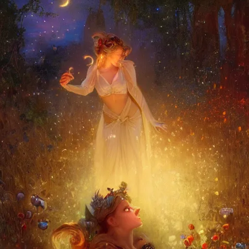 Image similar to attractive, fairy, woman, in the night, fantasy, crescent moon in background, luminous, toadstools, fireflies, fantasy, mist, highly detailed painting by gaston bussiere, craig mullins, j. c. leyendecker, mid shot, 8 k realistic, sharp focus