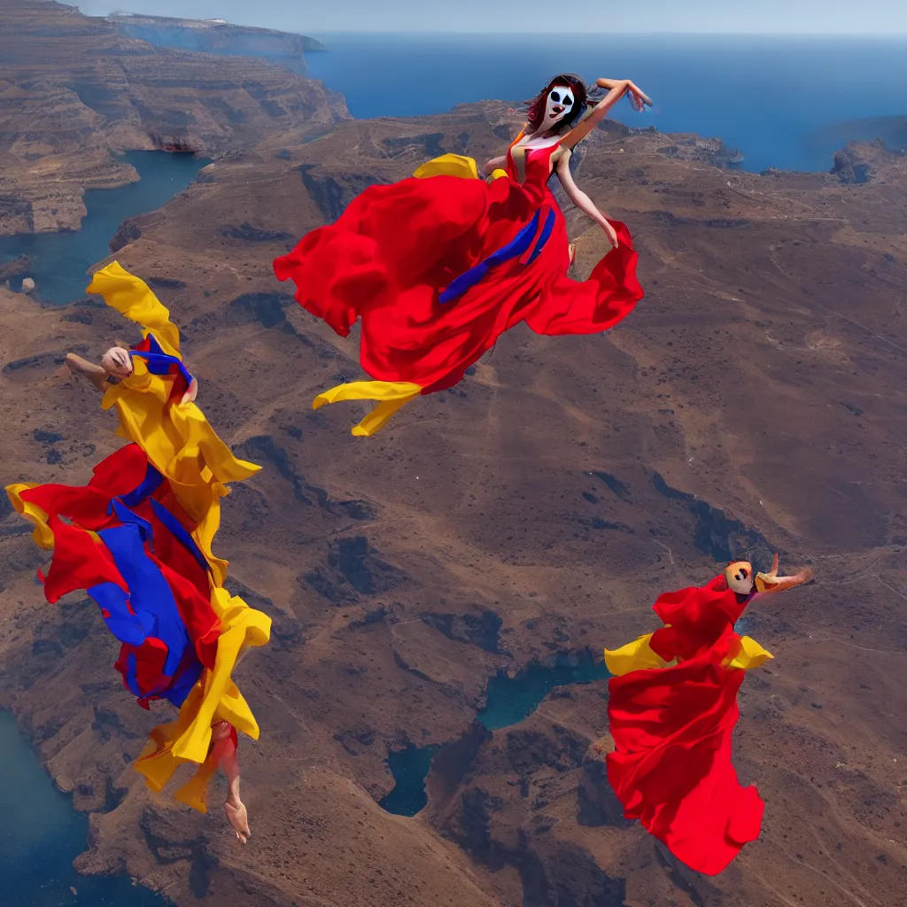 Image similar to beautiful modern dancer wearing a red and yellow and blue swirling dress, standing on a Santorini terrace looking down into the ocean, trending on artstation, cinematic, unreal 5, DAZ, hyperrealistic, octane render, dynamic lighting
