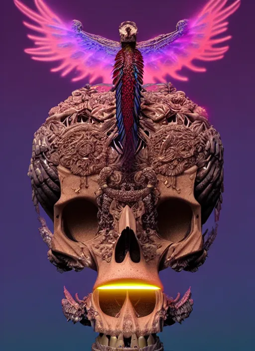 Image similar to 3 d goddess profile portrait, sigma 5 0 0 mm f / 5. beautiful intricate highly detailed quetzalcoatl skull and feathers. bioluminescent, plasma, lava, ice, water, wind, creature, thunderstorm! artwork by tooth wu and wlop and beeple and greg rutkowski, 8 k trending on artstation,