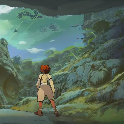 Image similar to Nausicaä exploring a valley in Ghibli Studio style