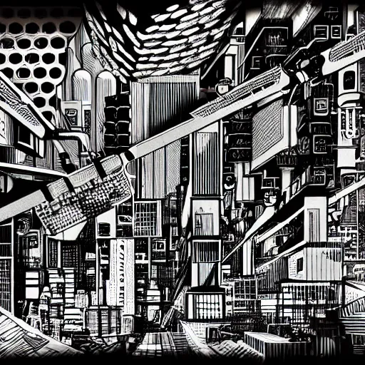 Image similar to mcbess illustration of a Brutalist Soviet building in the form of Scissors, cyberpunk, future tech, extremely detailed, rule of thirds, greeble, circuitry