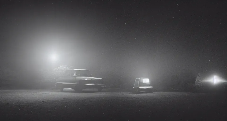 Prompt: a photograph of a UFO shining it’s light down on a car at night by Gregory Crewdson