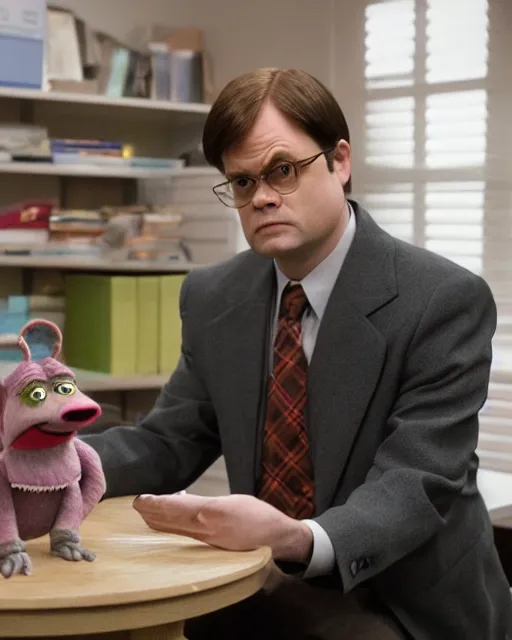 Image similar to film still from the office, dwight schrute as a puppet mumpet!!. highly detailed felt. hyper real photo, octane, jim henson, 4 k.