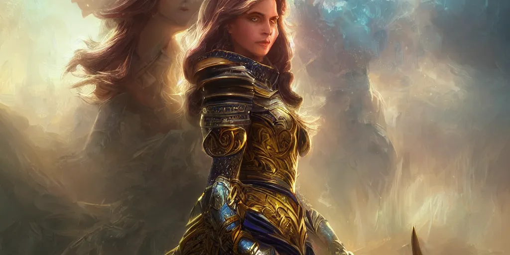 Image similar to the great beyond, beautiful woman in knights armor, sharp focus, intricate, elegant, digital painting, artstation, matte, highly detailed, concept art, illustration, volumetric lighting, gold and blue and pink color scheme, bokeh light, art by greg olsen and liz lemon swindle