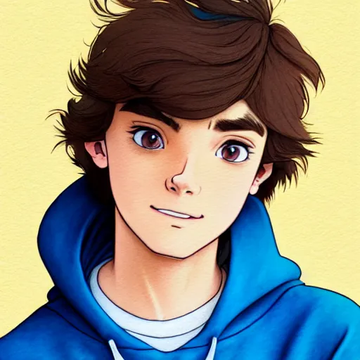 Image similar to teen boy with brown hair and big blue eyes, wearing a hoodie, holding a fluffy white persian cat, natural lighting, path traced, highly detailed, high quality, cartoon, digital painting, by don bluth and ross tran and studio ghibli and alphonse mucha, watercolor background