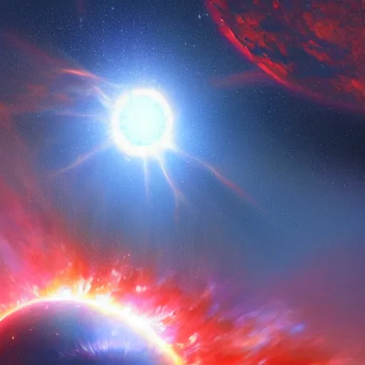 Prompt: a beautiful painting of a red giant star going supernova, volumetric lighting by jean kalin popov and greg rutkowski