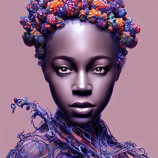Prompt: the portrait of a blueberry that resembles an absurdly beautiful, graceful, elegant, sophisticated young black woman, an ultrafine hyperdetailed illustration by kim jung gi, irakli nadar, intricate linework, bright colors, octopath traveler, final fantasy, unreal engine 5 highly rendered, global illumination, radiant light, detailed and intricate environment