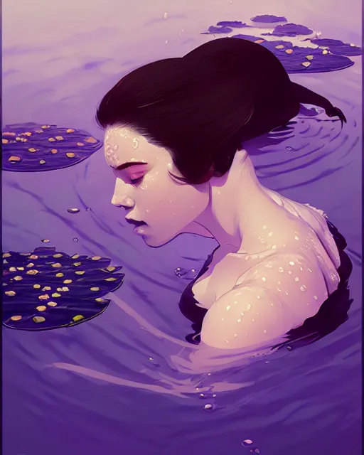 Prompt: hyper - realistic portrait of a woman underwater, water lilies, by atey ghailan, by greg rutkowski, by greg tocchini, by james gilleard, by joe fenton, by kaethe butcher, dynamic lighting, gradient light purple, brown, blonde cream and white color scheme, grunge aesthetic