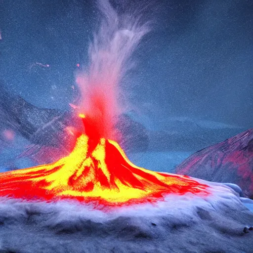 Image similar to a volcano fires ice instead of lava, heatwave, 4 k photoshop, photorealistic, 1 0 0 m, sharp focus, bokeh, movie shot, artstation, behance, deviantart, cinematic perspective, studio shot