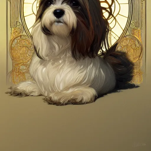 Image similar to beautiful detailed picture of a havanese, radiant light, art nouveau, intricate, elegant, highly detailed, my rendition, digital painting, artstation, concept art, smooth, sharp focus, illustration, art by artgerm and greg rutkowski and alphonse mucha