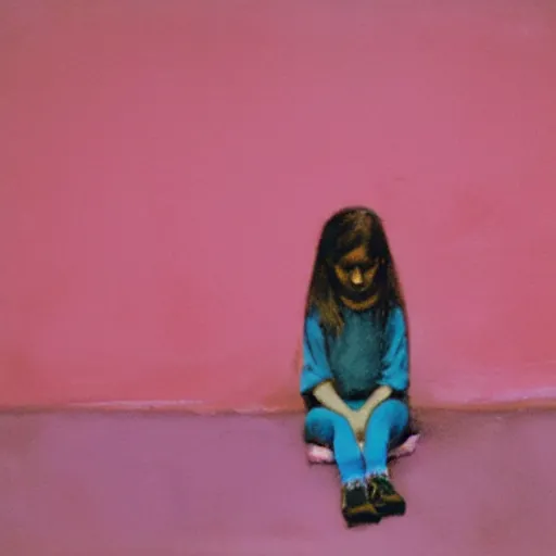 Image similar to sad young girl, sitting against pink wall, emotional, mixed media by francis bacon