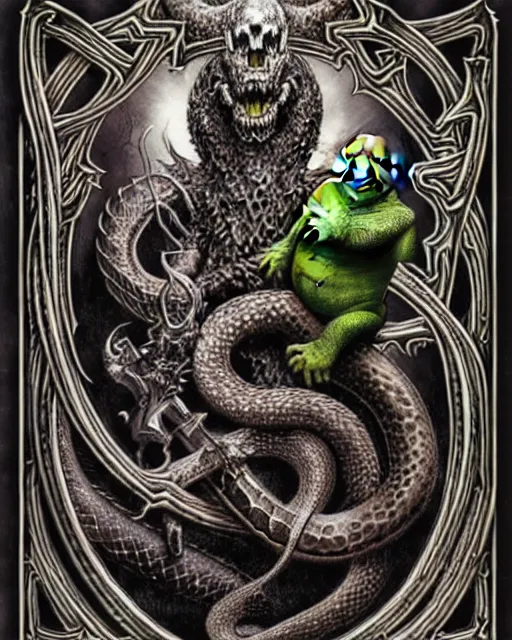 Prompt: a death metal album cover, pentagram art, a dragon, a snake, and shrek holding a sword, highly detailed, album art, ornate, by sam turner, by michael whelan, album cover, metal, intricate