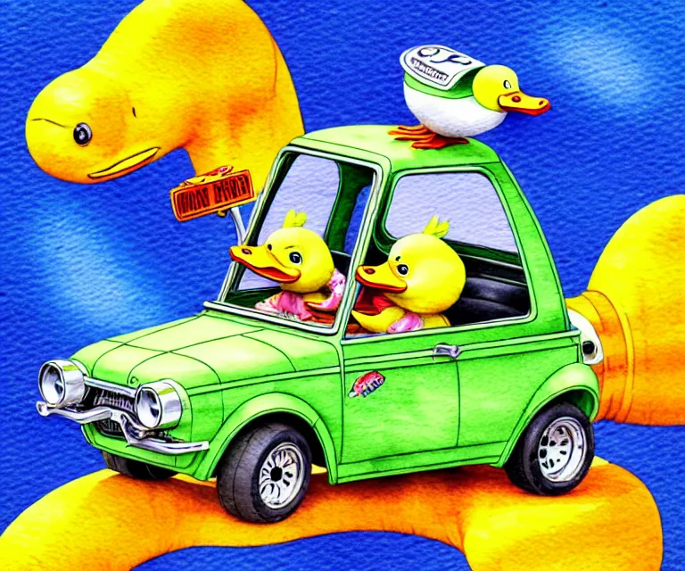 Image similar to cute and funny, duckling driving a tiny hot rod with an oversized engine, ratfink style by ed roth, centered award winning watercolor pen illustration, isometric illustration by chihiro iwasaki, edited by craola, tiny details by artgerm and watercolor girl, symmetrically isometrically centered