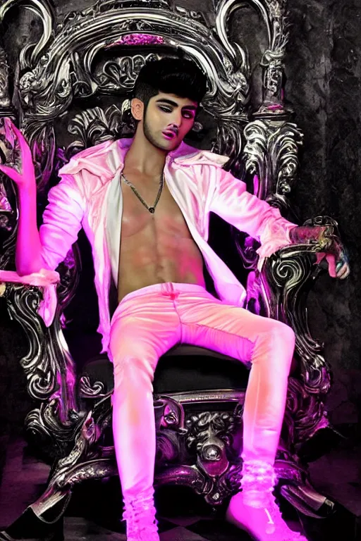 Image similar to full-body rococo and cyberpunk style neon statue of a muscular attractive Zayn Malik macho dotado e rico android sim roupa reclining con las piernas abertas e la piroca dura, glowing white lasers, glowing eyes, silver prince crown, black gears, pink diamonds, swirling orange-colored silk fabric. futuristic elements. ethereal white dripping tar. full-length view. human skulls. large pink balloon animals. intricate artwork by caravaggio. Trending on artstation, octane render, cinematic lighting from the right, hyper realism, octane render, 8k, depth of field, 3D